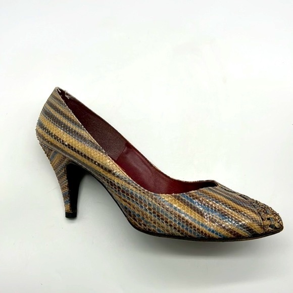 Stuart Weitzman - Vintage Leather Brown & Blue Snakeskin Leather Heels Size 8.5 - Picture 5 of 16